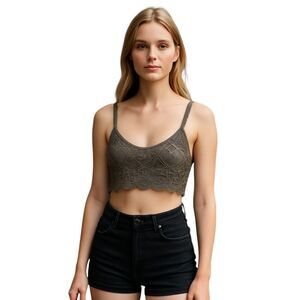 NEW POL S/M Dark Gray All Cotton Knit Cropped Knit Cami Top Crochet Style Sheer